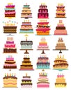 Set of twenty sweet birthday cakes with burning candles.