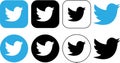 Set of Twitter Bird logo icons. Group of Realistic social media icon logotype. Collection Twitter - popular social media button