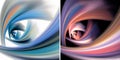 Set of two abstract fractal backgrounds. Blue and pink arcs converge at two points on white and black backgrounds. 3D rendering. Royalty Free Stock Photo