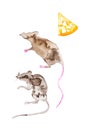 A set of two abstract rats and a piece of yellow cheese. Symbol of 2020 new year. Watercolor illustration isolated on white Royalty Free Stock Photo