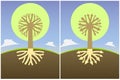 Set two abstract tree diagram with the branches of the roots in the form of arrows and crown,