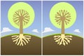 Set two abstract tree diagram with the branches of the roots in the form of arrows and crown, Royalty Free Stock Photo