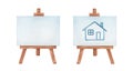 Set of two artists` wooden easels: blank one and with simple little house drawing.