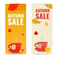 Set of two autumn sale advertising banner with autumn leaves and red cup. Season discount concept. Royalty Free Stock Photo