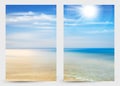 Set of two banners with Summer background of ocean, coastline, blue sky, sunshine and beach.