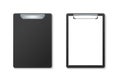 Set of two black clipboard. Empty paper holder and clipboard with white sheet on white background.