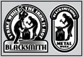 A set of two blacksmithing logo design templates. Blacksmith at work. Vector monochrome illustration