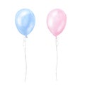 Set of two blue pink balloons twins boy girl kids birthday surprise. Hand drawn watercolor illustration isolated on Royalty Free Stock Photo