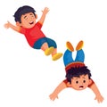Set of two boys, one lying on his stomach, the other jumping fun, isolated object on a white background, Royalty Free Stock Photo