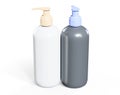 Set of two care product bottles 3D render mockup, beige plastic lotion dispenser and shampoo bottle isolated on white background, Royalty Free Stock Photo