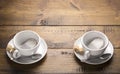 Set of two ceramic tea mugs with tea bags Royalty Free Stock Photo