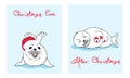 Set of two christmas eve greeting cards with kawaii fur seals, funny slogan, baby nerpas, cartoon drawing cute animals, editable Royalty Free Stock Photo