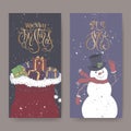 Set of two color banners with Christmas brush lettering, a bag with gifts and a cute snowman.