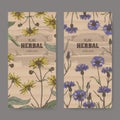 Set of two color labels with Arnica montana aka mountain arnica and Centaurea cyanus aka cornflower or bachelor button.