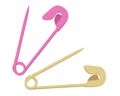 Two colored opened safety pins, golden and pink. Vector isolated illustration. Royalty Free Stock Photo