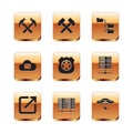 Set Two crossed hammers, Open in new window, Server, Data, Web Hosting, Police badge, Cloud mail server and Folder tree Royalty Free Stock Photo