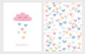 Set of Two Cute Vector Illustrations. Pink Smiling Cloud with Dropping Hearts. Pink Baby Shower Text.