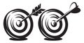 Set of two dart targets with arrow and dart on white background. Vector monochrome illustration