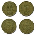 Set of 2 (two) different years Greek 100 Drahmas aluminum bronze coins lot 1990, 1994 year, Greece. Royalty Free Stock Photo