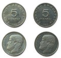 Set of 2 (two) different years Greek 5 Drahmas copper-nickel coins lot 1988, 1990 year, Greece. Royalty Free Stock Photo