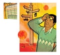 Set of two digital illustration on the theme of investing. A man looks thoughtfully at the signpost with the signs of a house, a