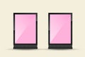 Set of two digital screen or smart display in a vertical orientation, resembling a digital billboard or futuristic device. The