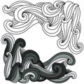 A set of two doodle corners of curls and arcs in two versions - in shades of gray and contour, decorative elements with smooth