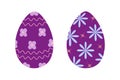 Set of two Easter eggs in trendy purple with abstract pattern of wavy lines, stars and flowers. EPS Royalty Free Stock Photo