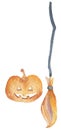 A set of two elements of an orange-red pumpkin, and orange-red broom. Happy Halloween party. Hand drawing watercolor isolated clip Royalty Free Stock Photo