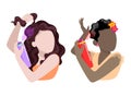 Set of two images of faceless girls applying hairspray