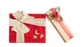 Set two gift box red gold shiny paper wrap ribbon bow isolated