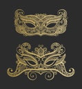 Set of two gold lineart venetian carnival lace mask silhouette