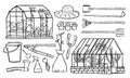 Set with two greenhouses and plants inside, gardening tools and seedings