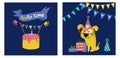 Set of two greeting cards for dog party. Handdrawn cute dog in a hat, gift boxes, ribbon, buntings and birthday cake. Royalty Free Stock Photo