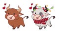 Set of two happy little cow wearing Christmas hat and scarf Royalty Free Stock Photo