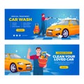 Car wash flat cartoon composition banner set Royalty Free Stock Photo
