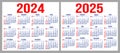 A set of two horizontal calendar grids for a pocket calendar for the years 2024 and 2025. Vector color illustration. Template for