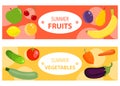 A set of two horizontal fruit and vegetable banners. Two horizontal banners with fruits and vegetables.