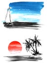 Set of two illustration Dark silhouette two palm trees on small island in ocean. Red circle sun.