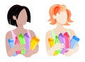 Set of two images of faceless girls with cosmetic bottles on a white background