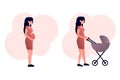 A set of two images a pregnant girl hugs her stomach, a young mother walks with a stroller. Icons on the theme of motherhood. Royalty Free Stock Photo