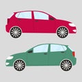 Set of two isolated cars in flat style. Red and green car