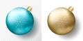 Set two isolated Realistic Christmas transparent Baubles, spheres or balls in metallic golden and blue color with snow Royalty Free Stock Photo