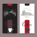 Set of two Italian coffee labels with Venice and Rome landscapes on black and white background.