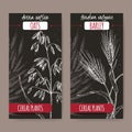 Set of two labels with Barley aka Hordeum vulgare and oats aka Avena sativa sketch on black. Cereal plants collection. Royalty Free Stock Photo