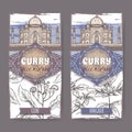 Set of two labels with clove, fenugreek and Taj Mahal hand drawn color sketch.