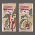 Set of two labels with Nutmeg and chili peppers hand drawn color sketch.