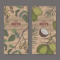 Set of two labels with pistacia vera aka pistachio and Cocos nucifera aka coconut tree branch and nuts color sketch. Royalty Free Stock Photo