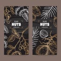 Set of two labels with pistacia vera aka pistachio and Cocos nucifera aka coconut tree branch and nuts sketch on black. Royalty Free Stock Photo