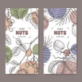 Set of two labels with pistacia vera aka pistachio and Cocos nucifera aka coconut tree branch and nuts sketch. Royalty Free Stock Photo